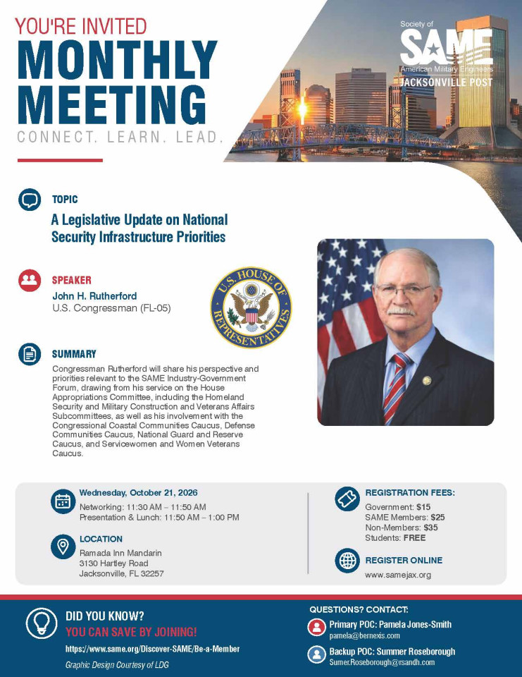 SAME JAX OCT 20276 LUNCHEON: TOPIC: A Legislative Update on National Security Infrastructure Priorities